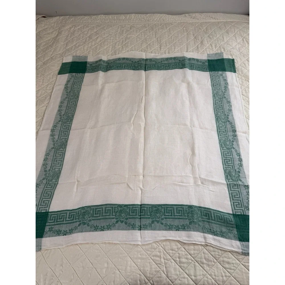 Vintage Linen Damask Tablecloth 32x32 Green Greek Key Floral Border